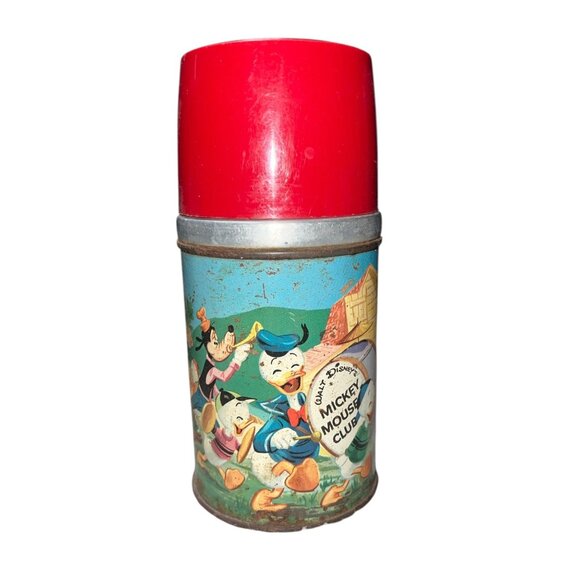 Walt Disney Mickey Mouse Club Vintage Aladdin Metal Thermos With Red Lid & Handl - Picture 4 of 8